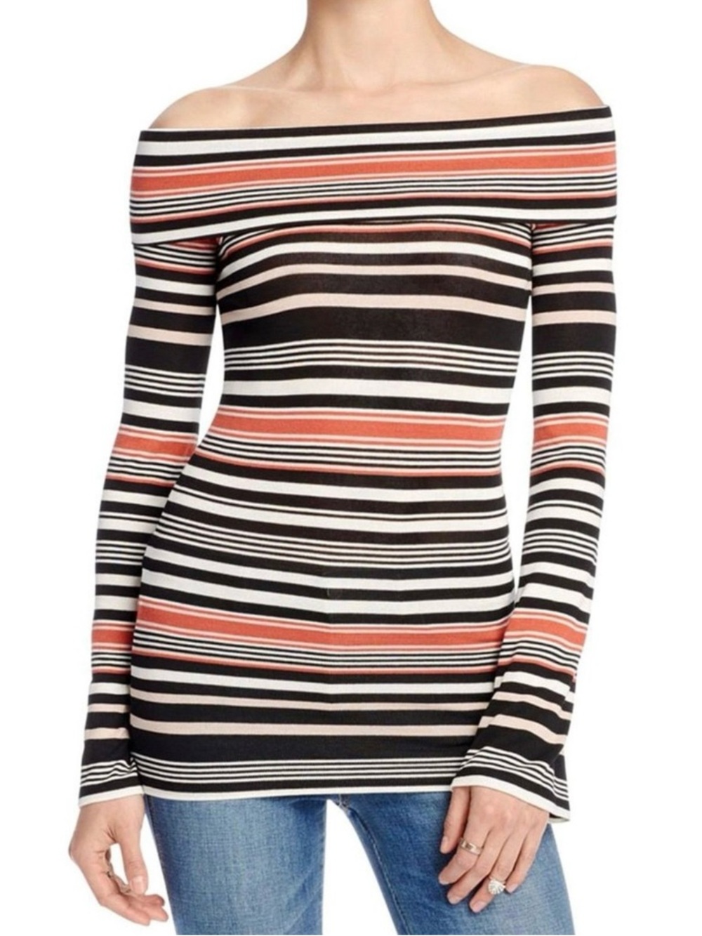 Free People Striped Off-Shoulder Top in Black, White & Coral